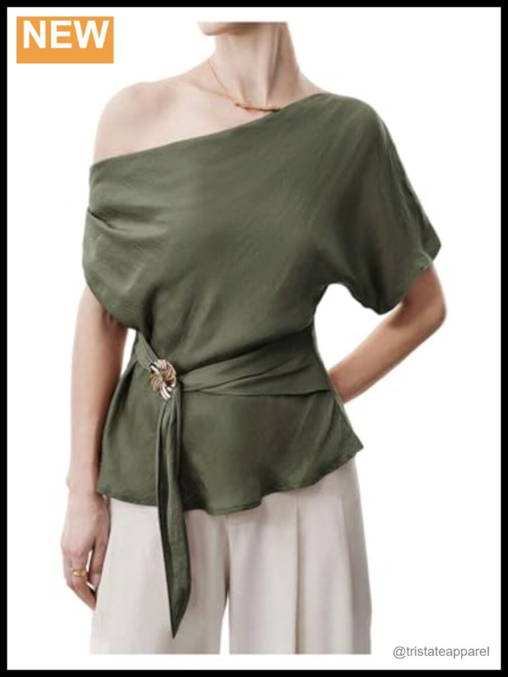 Off Shoulder Dolman Sleeve Blouse Tie Waist Metal Buckle Vacation Top